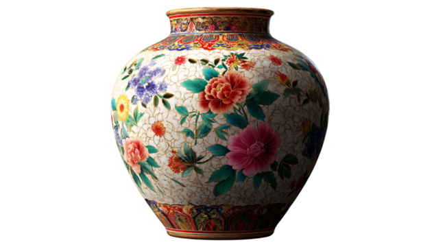  Ornate Porcelain Vase with Multicolored Floral Patterns, Side-Angle View with Subtle Shadows, Isolated on Transparent Background 