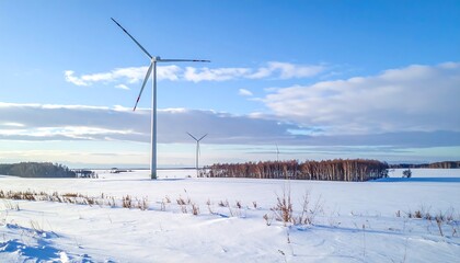 Two wind turbines stand tall against a crisp winter landscape, showcasing sustainable energy amidst a snow-covered field and a line of bare trees under a vibrant blue sky.