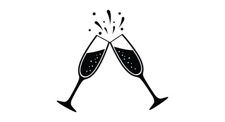 A simple black and white illustration of two champagne glasses toasting