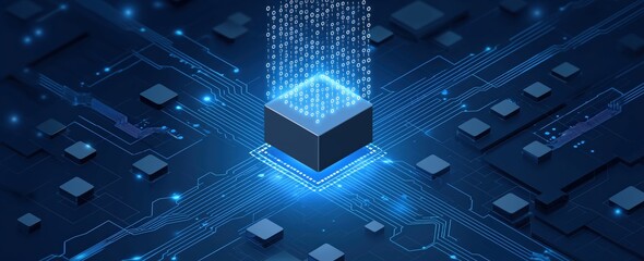 A futuristic depiction of a central processing unit surrounded by digital data and circuit patterns, emphasizing technology and innovation.