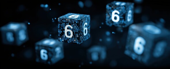Abstract digital image of floating cubes displaying binary code, symbolizing technology and data processing in a futuristic environment.