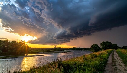 Dramatic sunset over river with storm clouds and dirt road.