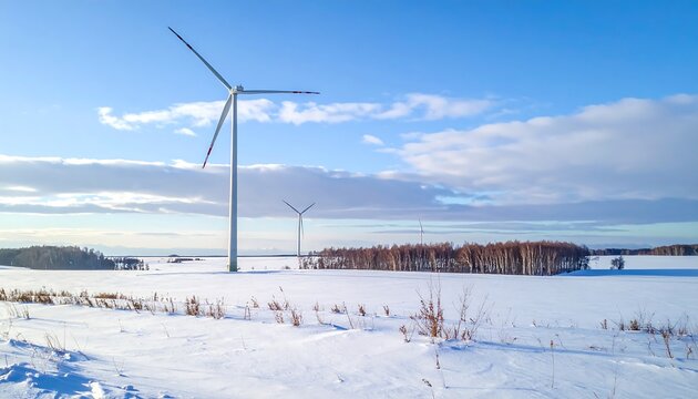 Two wind turbines stand tall against a crisp winter landscape, showcasing sustainable energy amidst a snow-covered field and a line of bare trees under a vibrant blue sky.