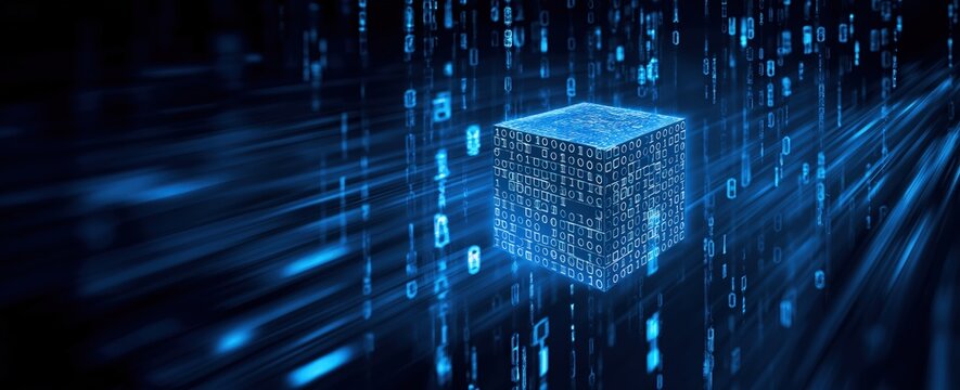 A glowing cube surrounded by streams of binary code, representing data processing and digital technology.
