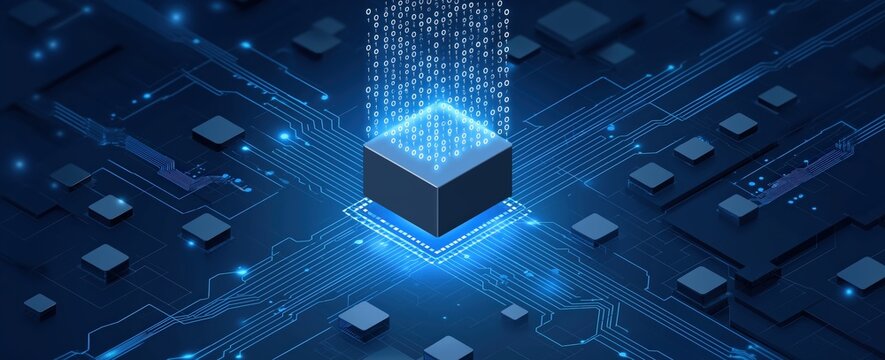 A futuristic depiction of a central processing unit surrounded by digital data and circuit patterns, emphasizing technology and innovation.