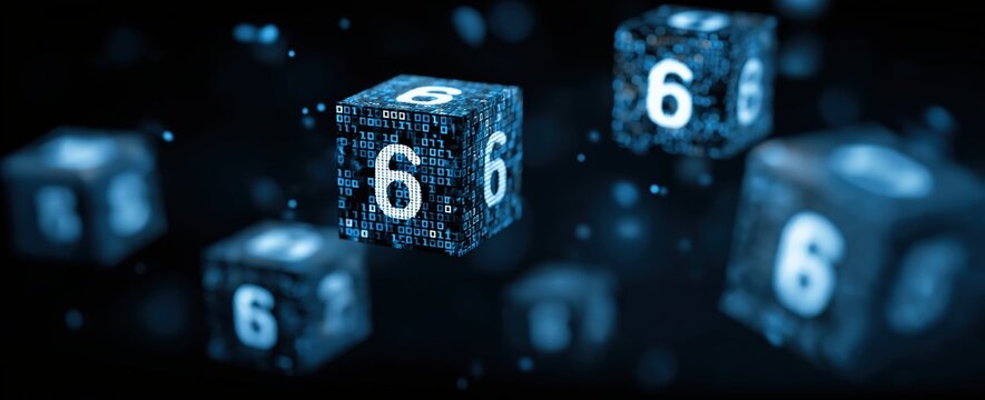 Abstract digital image of floating cubes displaying binary code, symbolizing technology and data processing in a futuristic environment.
