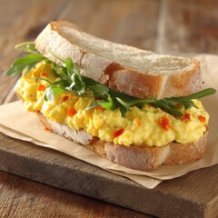 Obraz premium Scrambled Egg Sandwich Close-Up: Rustic Bread, Arugula, Red Pepper Flakes on Wood Table Top, Eye-Level View