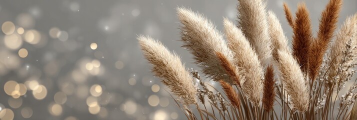 Natural dried grasses and pampas plumes evoke boho home decor, organic textures, and seasonal trends in interior design and lifestyle imagery