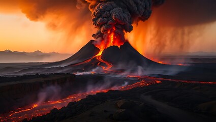 Volcanic Eruption with Lava Flowing at Sunset Dramatic Natural Phenomenon