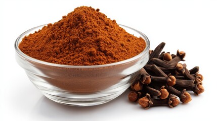Bowl of ground clove powder with cloves on white background