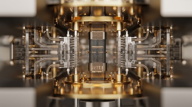 A close-up view of a sophisticated quantum computer's intricate circuitry, showcasing its metallic components and advanced technology.