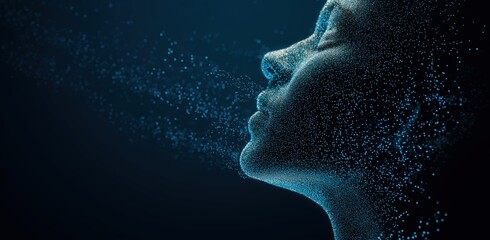 A digital representation of a face composed of particles, illustrating the concept of data and technology in a futuristic style.