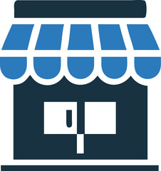 Small store structure features a blue awning and a symmetrical entrance design