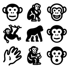 Assorted Monkey Icons Faces Full Body Swinging and Hand Graphic Set.