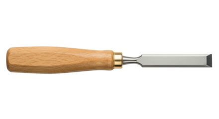 Wood chisel tool with wooden handle on transparent background