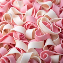 Soft pink and cream colored curled ribbon like material abstract background