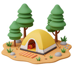 Cute 3D Camping Illustration with Tent and Pine Trees. Summer Outdoor Hobbies and Leisure Activity.