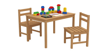 Wooden childrens table and chairs with building blocks