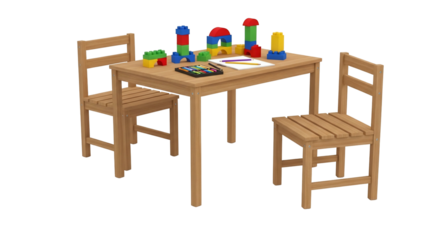 Wooden childrens table and chairs with building blocks