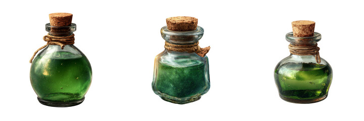 Glass bottles with green liquid transparent background scientific concept studio view