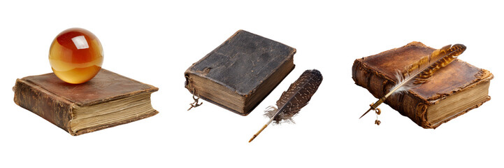 Antique books with glass sphere on transparent background indoor library setting still life