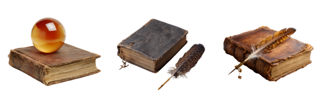 Antique books with glass sphere on transparent background indoor library setting still life
