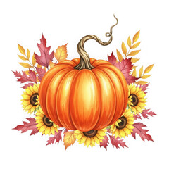 Vibrant autumn harvest pumpkin surrounded by sunflowers and fall leaves isolated on transparent background