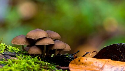 Cluster of small, brown mushrooms on mossy forest floor