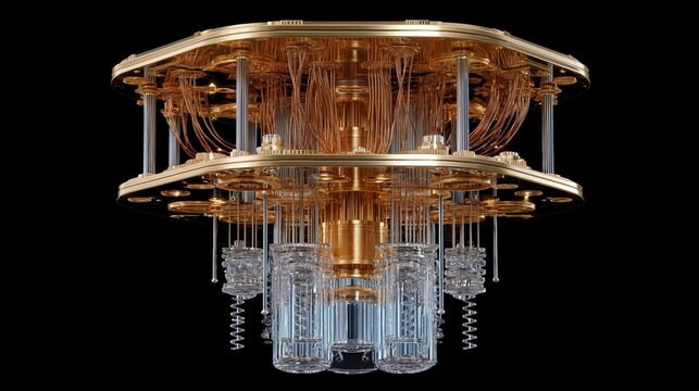 A futuristic quantum computer with intricate gold and silver components, showcasing advanced technology and design elements against a black background.