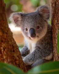 Fototapeta premium Adorable Baby Koala Portrait Sitting in Tree Close Up Cute Animal Wildlife Australia Nature Close Up