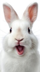 Obraz premium Surprised White Rabbit Close Up Portrait on White Background with Open Mouth and Long Ears Studio Shot
