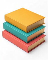Stack of three hardcover books in yellow teal and coral on white background