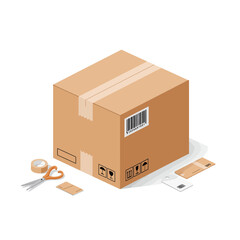 Isometric Cardboard Box with Barcode and Shipping Labels