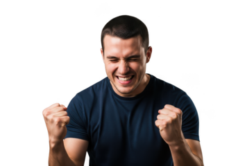Excited young man celebrating success isolated on transparent background