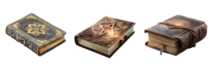 Mystical spellbook collection fantasy realm transparent background digital art close-up view