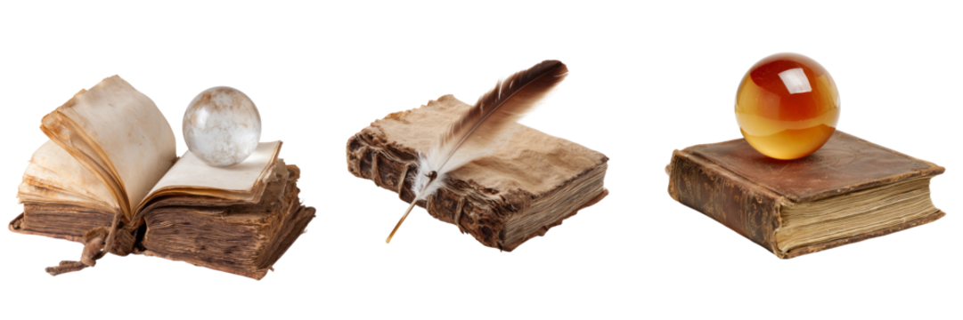Writing action with antique books and quill transparent background creative environment