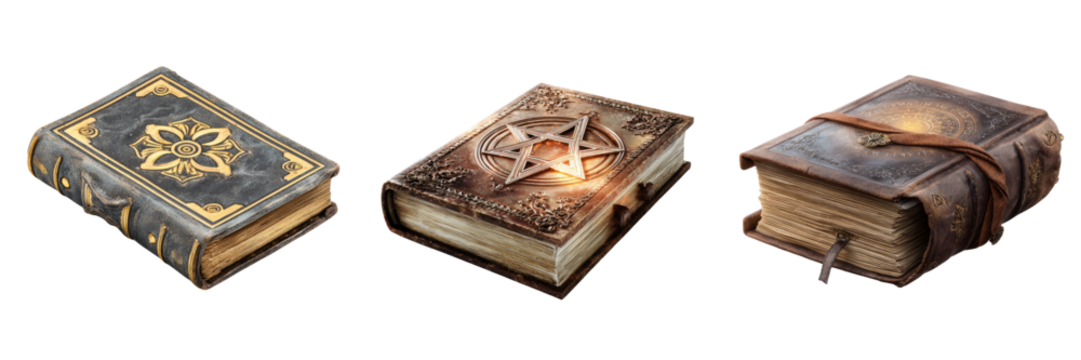 Mystical spellbook collection fantasy realm transparent background digital art close-up view