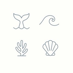 Obraz premium Minimalist ocean themed icon set featuring whale tail wave coral and seashell imagery