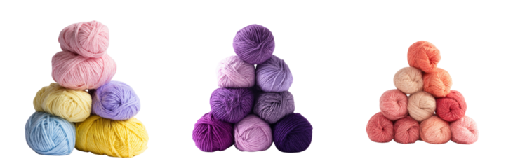 Colorful yarn balls stacked in triangles with transparent background for craft projects