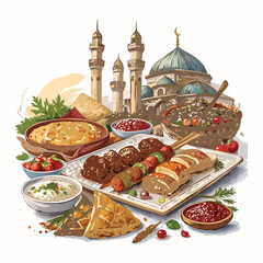 Turkish National Food with Turkish Pie Pide and Dolma Top View Vector 