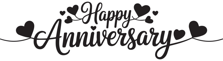 Happy Anniversary script with heart accents and swirls