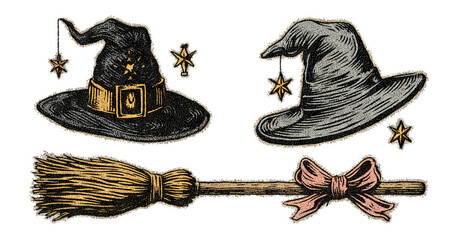Vintage Witch Hats and Broomstick on Transparent Background