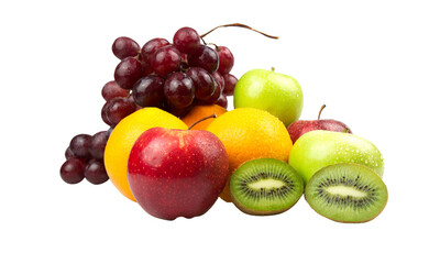 Fresh and healthy assorted fruits, including apples, grapes, and oranges, are isolated on a clean white background