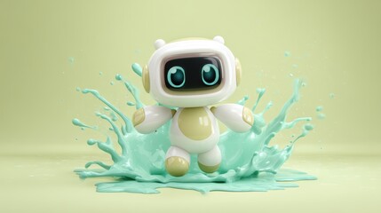 A cute, cartoonish robot character stands playfully in a splash of mint-green liquid against a soft pastel background, cute robot with space for text