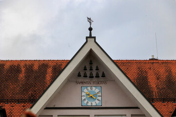 Clock tower with inscription Sapientia Felicitas, Germany, Bobingen, 5 September 2025