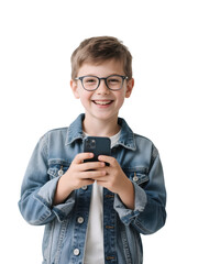 Joyful boy holds phone on transparent PNG. Great for youth branding, product photography.