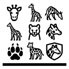 Black and White Giraffe and Cheetah Icon Set with Paw Print and Shield.