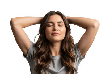 Fototapeta premium Woman with hands behind head eyes closed isolated on transparent background
