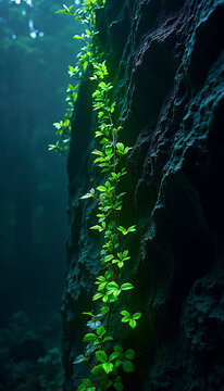 Vibrant Green Plant Growing on Dark Rocky Cliff in Forest Scene