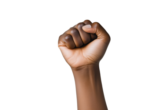 Power Hand: The clenched fist, a symbol of strength, determination, and defiance, raised high against a backdrop of nothingness. conveying feelings of power, resilience, and conviction.